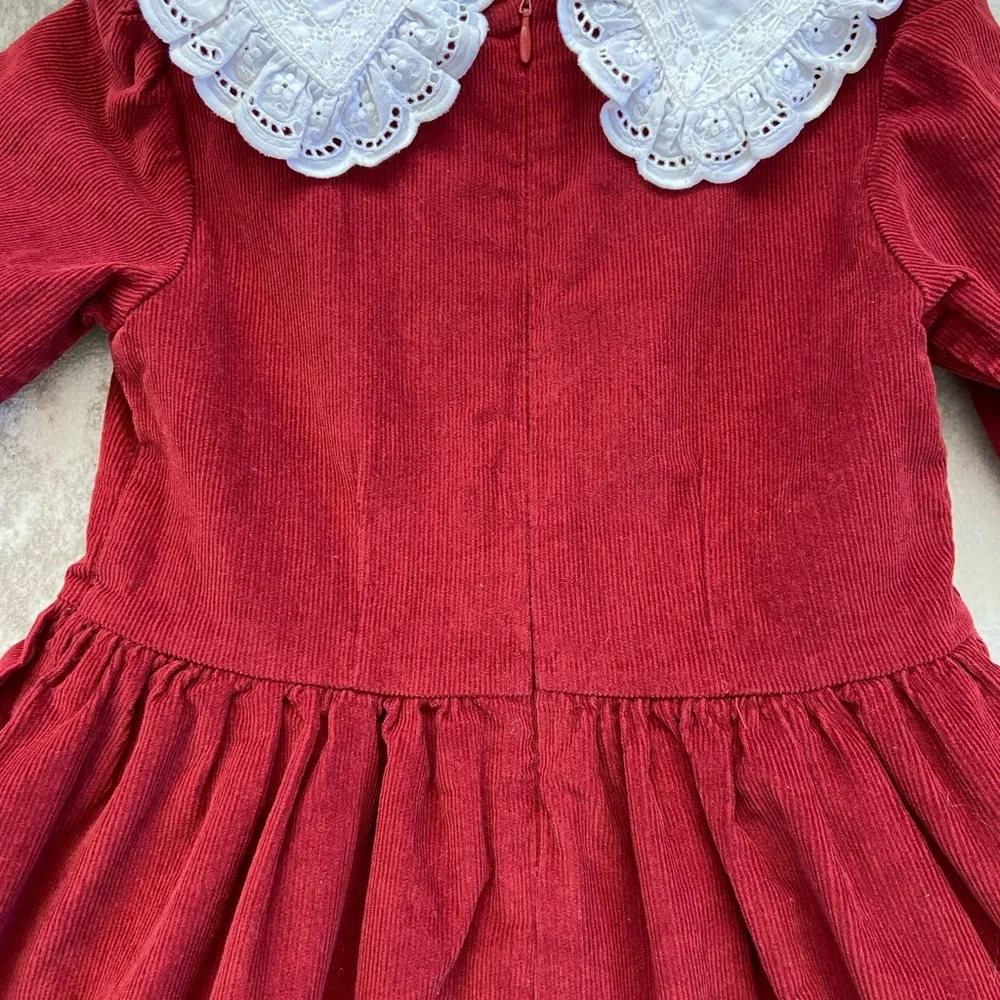 La Coqueta 6Y Girl’s Red Corduroy Dress with White Lace Collar - Picture 10 of 13
